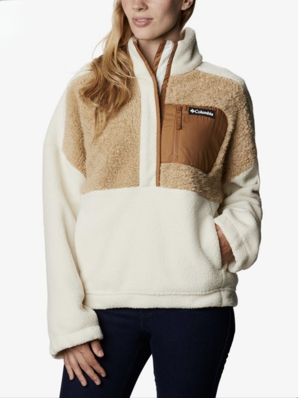 Columbia Lodge Sherpa Fleece Pullover Half Zip Cream Brown M Outdoor Gorpcore